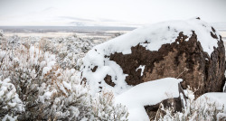 Snow-covered volcanic boulder at the Warner Wetlands, Feb. 22, 2017, by Greg Shine, BLM.