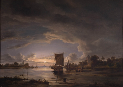 poboh:  Weids rivierlandschap met zeilboot, Jacob Abels.　Dutch (1803 - 1866)