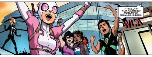 oxymitch:Besides the Champions, there are cameos of young heroes who are Champions’ allies celebrating over the abolishment of Kamala’s Law.  1st pic = Robbie Reyes, Gwenpool, Kate Bishop, America Chavez and Reptil are celebrating in California. 