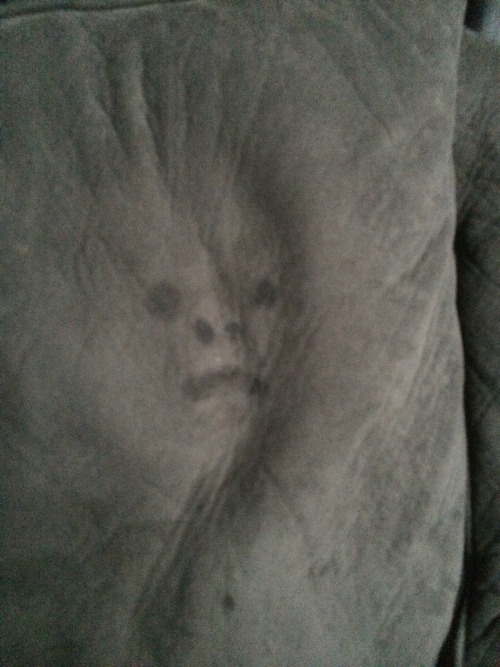 sixpenceee:    A four year old was crying into his blanket and left this face.   (Image Source) 