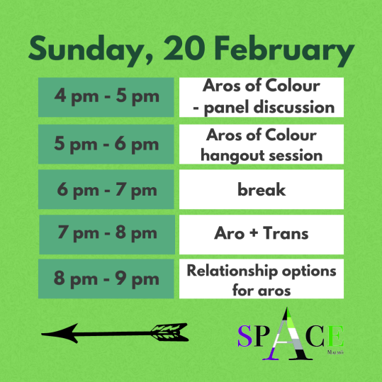 A light green graphic with a dark green and white chart outlining a schedule. The Schedule reads: Sunday, 20 February: 4 pm - 5 pm - Aros of Colour panel discussion 5 pm - 6 pm - Aros of Colour Arospecs hangout 6 pm – 7.00 pm - break 7 pm - 8 pm - Aro + Trans panel discussion 8 pm - 9pm - Relationship Options for Aros At the bottom of the schedule, there is a graphic of a black arrow and the spAce Malmo logo.