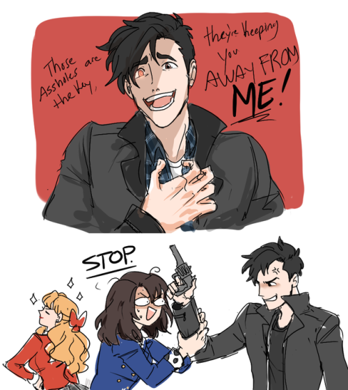 dashingicecream:heathers doodles,, first one  is JD being JD, second is a scene from a chansaw 