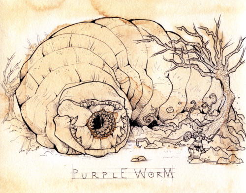 catbatart: Whoo! The completed, coffee painted Purple Worm from my D&amp;D Monster Inktober last