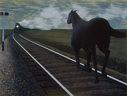 oldpainting:lilacsinthedooryard:Horse and Train 1954Glazed tempera40 x 53.3 cmArt Gallery of Hamilto