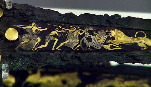 Ancient Worlds - BBC Two Episode 2 “The Age of Iron”“Lion Hunt dagger”. Bronze dagger inlaid with si