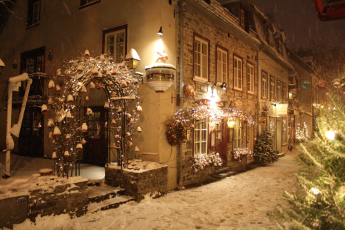 prewars: quebec city’s petit champlain neighbourhood at christmas. established in 1608, it is 