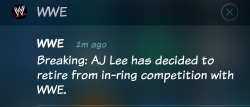 hiitsmekevin:  What?!  This fucking sucks!  Ugh&hellip;dammit&hellip;.Everyone had apparently seen it coming, I just wanted to ignore those rumors.  Well Thanks a lot AJ! For everything you did&hellip;.you were my favorite since nxt! Hate to see you go,