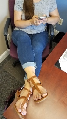 myprettywifesfeet:  My pretty wife looking sexy with her beautiful feet up on her desk at work.please comment