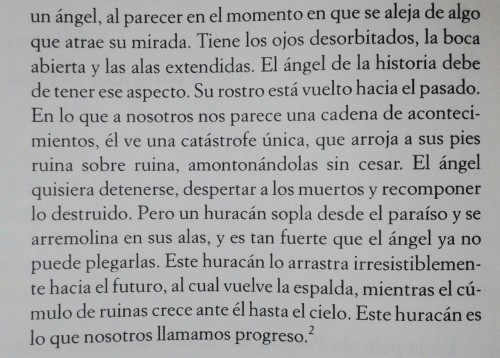 garcipnf:    El ángel de la historia debe tener ese aspecto. Su rostro  está vuelto hacia el pasado. En lo que a nosotros nos parece como una cadena de acontecimientos, él ve una catástrofe única, que arroja a sus pies ruina sobre ruina, amontonándolas