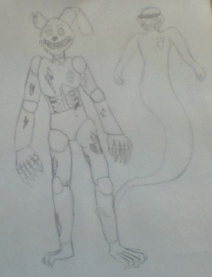 Here’s my design for Springtrap/Golden Bonnie, and the spirit who haunts him. Sorry for the po