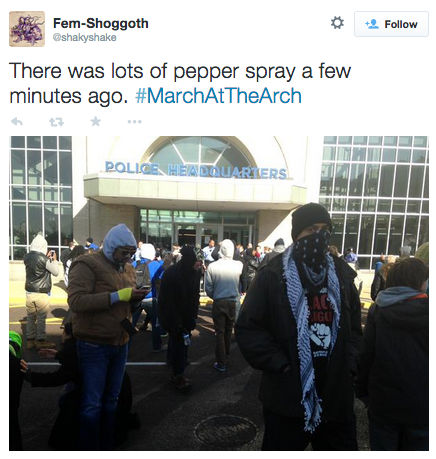 socialjusticekoolaid:   HAPPENING NOW (12/31/14): Ferguson St Louis protesters are demonstrating out front and occupying inside of St Louis Metropolitan PD HQ. Arrests have been made and pepper spray has been used. We’re closing out 2014 strong and