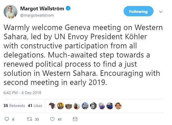 Sveriges utenriksminister Margot Wallström kommenterer fredssamtalene på Twitter.