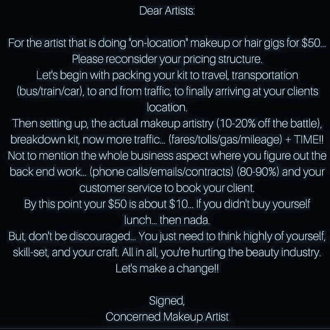So an amazing FB group that I belong to posted this photo that I think a lot of people could benefit from. Consumers and other artists alike. Consumers that try to find a reason why you should charge less simply because they don’t want to pay that...