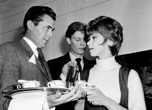 Dirk Bogarde, James Fox and Wendy Craig at a reception for his new film The Servant (1963)