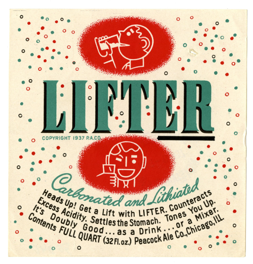 Product label for Lifter Carbonated and Lithiated Beverage, copyrighted 4/28/1937. The FDA no longer