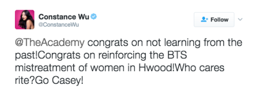 naramdil: refinery29:  Constance Wu is laying her career on the line to remind you that the Oscars have rewarded Casey Affleck for abusive behavior toward women Casey Affleck’s breakout performance in Manchester by the Sea has drawn attention back to