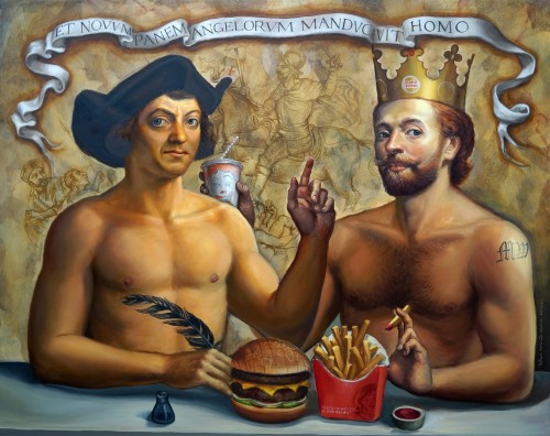 red-mercer:  jareckiworld:  Patrick McGrath Muñiz — Holy Combo I  (oil on panel, 2016)   “And man ate the new bread of angels”