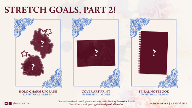 Holo charm upgrade: 125 physical orders, cover art print: 150 physical orders, spiral notebook: 200 physical orders.