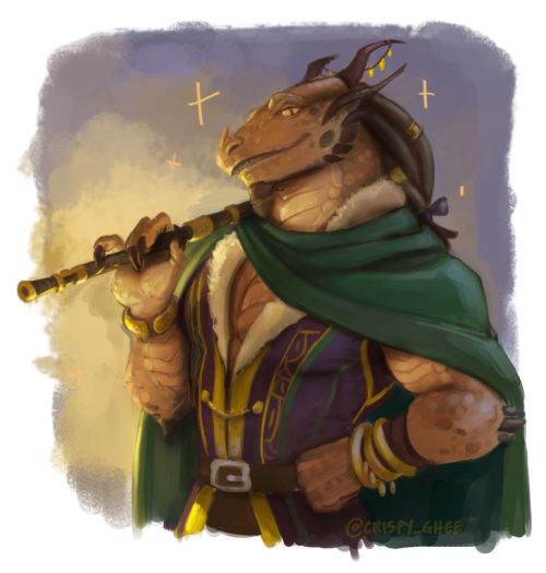 crispy-ghee: crispy-ghee:   crispy-ghee:  I was asked to play D&amp;D this Friday and I had to make a character, so I ended up making the most “crispy definitely drew this” character I could make, I guess.  Duhas, the Dragonborn BardAge: 27Height: