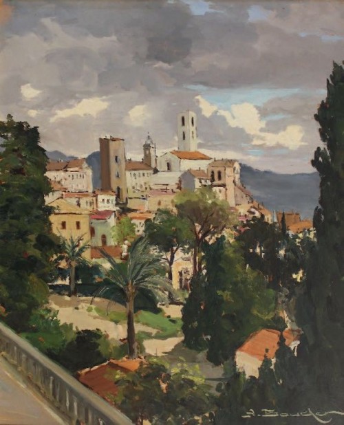 View of the city of Grasse   -  Yves BouchetFrench,b.1953-Oil on isorel ,  61 x 49.5 cm. 