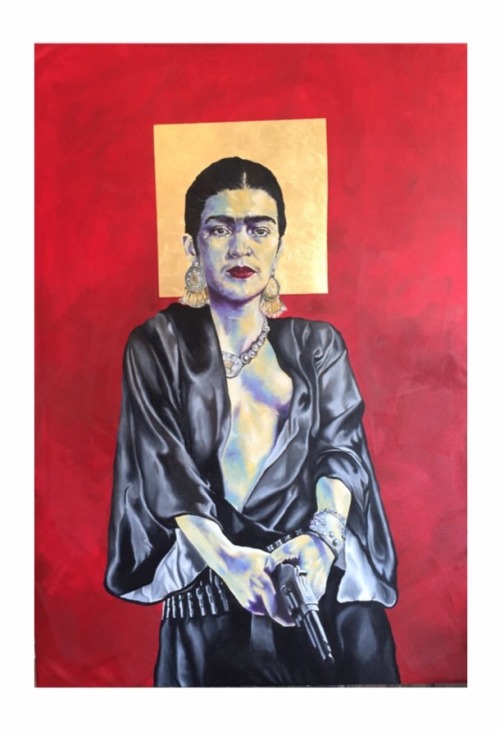 Frida and her Revolver Oil and mixed media with gold leaf on canvas 48 X 72 in R.Peterson