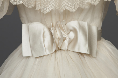 historicaldress:Wedding Dress, 1895 White organdy wedding dress; bodice top fastens down front, comp