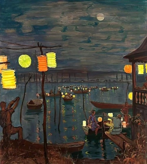 urgetocreate:  Hans Dieter (German 1881-1968), View of Lake Konstanz with Lampion Decorated Boats on a Summer Night, 1949