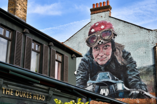 Beryl Swain mural next to the Dukes Head pub in WalthamstowBeryl Swain was the first woman to compet