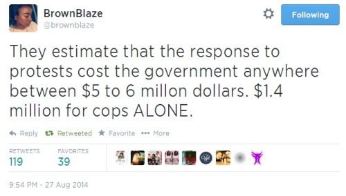 iwriteaboutfeminism:Police brutality in Ferguson costs taxpayers millions.