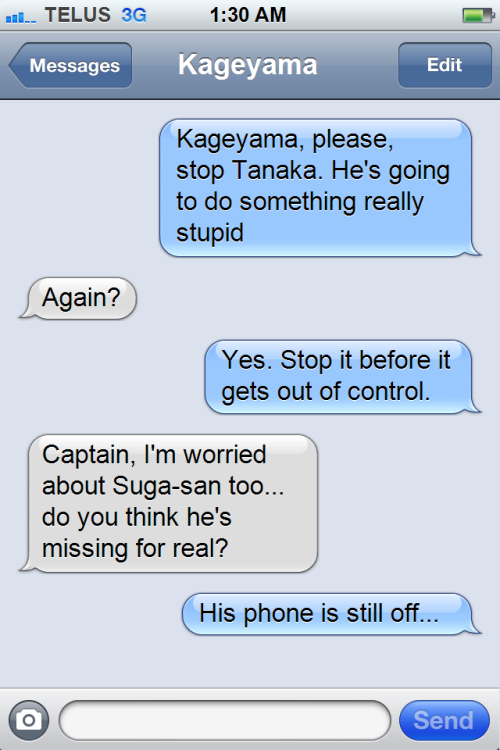 haikyuutexts:  Suga lectured Daichi for sneaking in his house but they ended up smooching. 