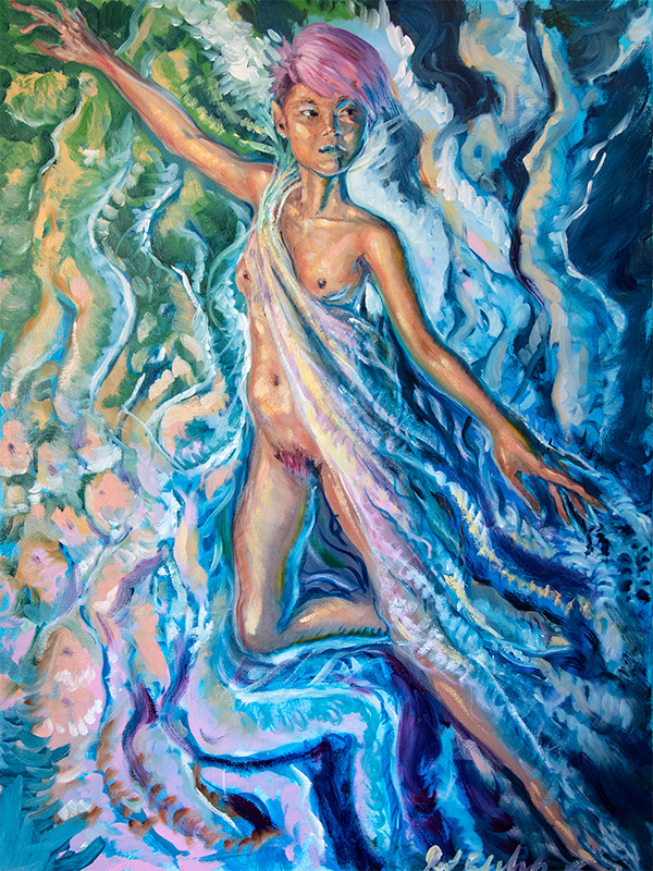 A slim, tawny-skinned nude figure with pink hair dances with one arm up and away and one gesturing forward, in an abstract swirl of blue, green and pink clouds.