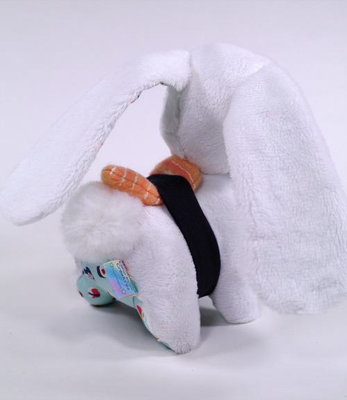 This bunny is literally his favorite sushi!  Handmade plush by me, made with minky, fleece (for the 