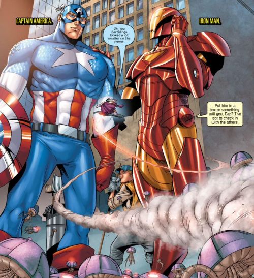 cap-im:Steve and Tony chat, play basketball, go after spam callers, and fight incompetent villains. 