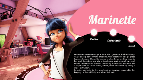 miraculeusecoccinelle:  Character descriptions of the cast of Miraculous Ladybug! Featuring Ladybug, Marinette, Adrien, Cat Noir, Tikki, Plagg, Chloe, Alya, and Nino!Visit the official Ladybug sitehttp://www.miraculousladybug.com/