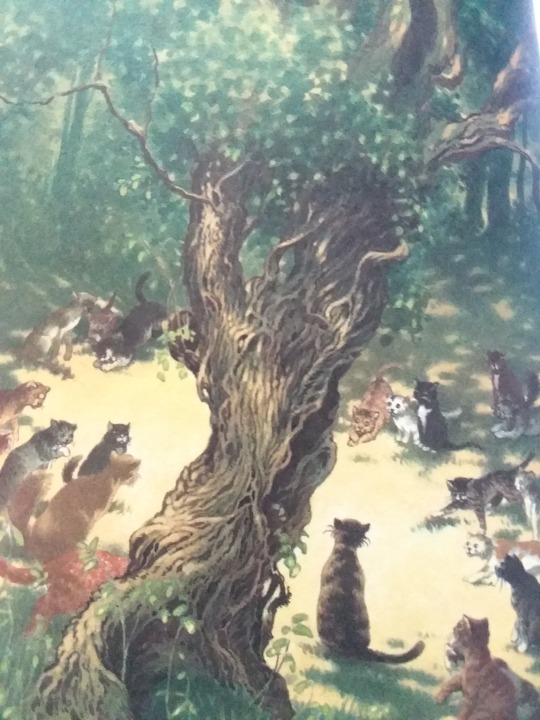 image of illustration from the book being reviewed, there are cats sitting in a circle by a tree