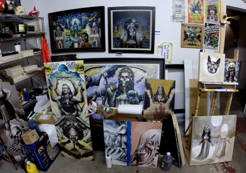 A glimpse of a studio in desperate need of tidying.