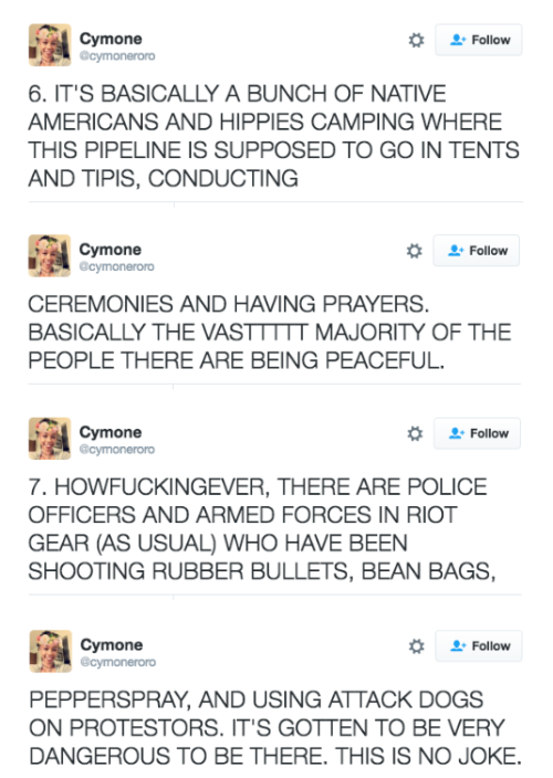 thechanelmuse:  I know how much y’all love sources. Here’s more info on that part about where the pipeline was originally going to go before white people refused it, as well as the part on burial grounds:The Big Double Standard in the Standing Rock