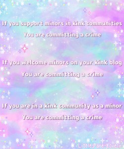 littles-are-lovely:  ✨The law is not debatable, nor is it opinion.✨  There are multiple federal laws against the presence of minors in kink communities, and there are also laws which incriminate those who support or encourage the participation of