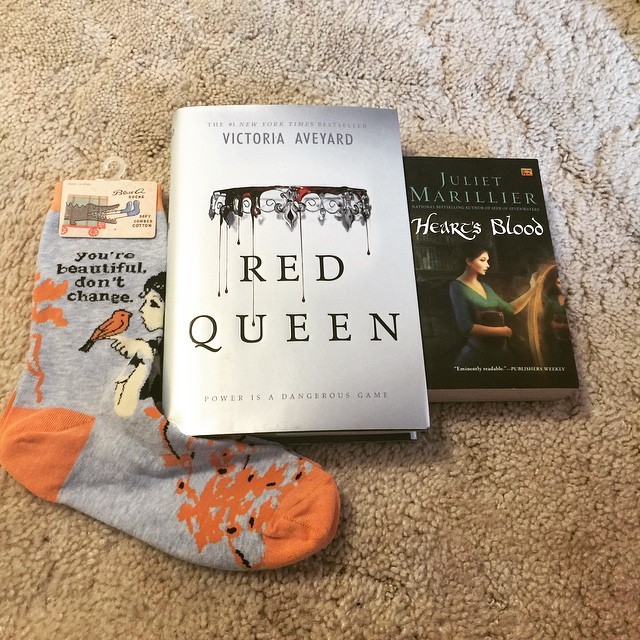 I forgot to post my pressies from @@withthebanned yesterday! I’m so excited about The Red Queen and, of course, more Marillier. 😘 #books #bookstagram #instabooks #gift #bff #socks #julietmarillier #happy