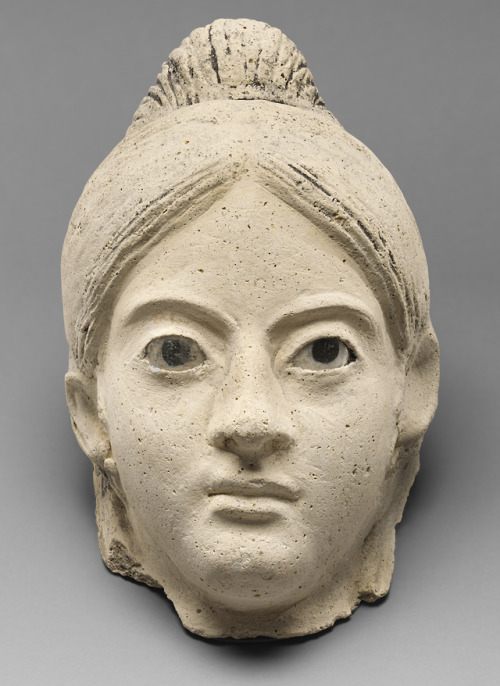 humanoidhistory:  Mummy Mask, Romano-Egyptian, A.D. 150–200, stucco with inlaid eyes. (Getty Museum)