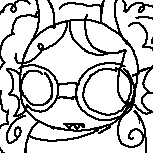 Feferi Peixes with curly hair wearing goggles and a large t-shirt off one shoulder.
