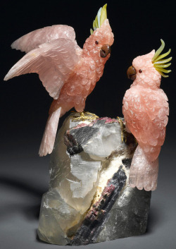 friendsofabracadaver:  ufansius:A pair of rose quartz cockatoos with serpentine, carnelian, and rubellite accents, mounted on a watermelon tourmaline-in-matrix base - Peter Mueller   @todaysbird