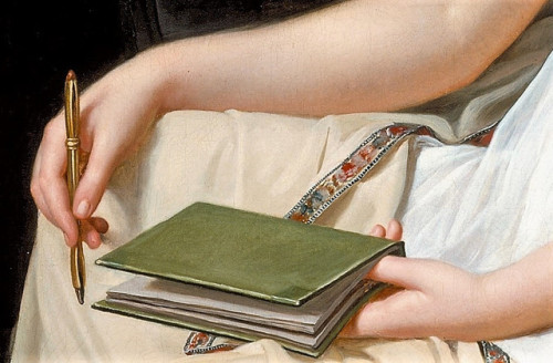 moerae:Portrait of a Woman Holding a Pencil and a Drawing Book (detail, ca.1808) Robert-Jacques Lef&