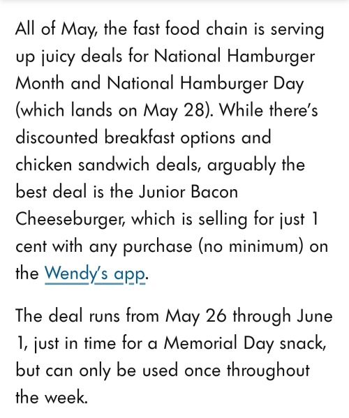 Hey All My Food Insecure And Tight Budget Folks Out There, Wendy's Will Be Doing 1 CENT Hamburgers May