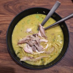 Noodlesandbeef:  Shredded Roast Chicken, Yellow Coconut Curry Broth, Udon Noodles.