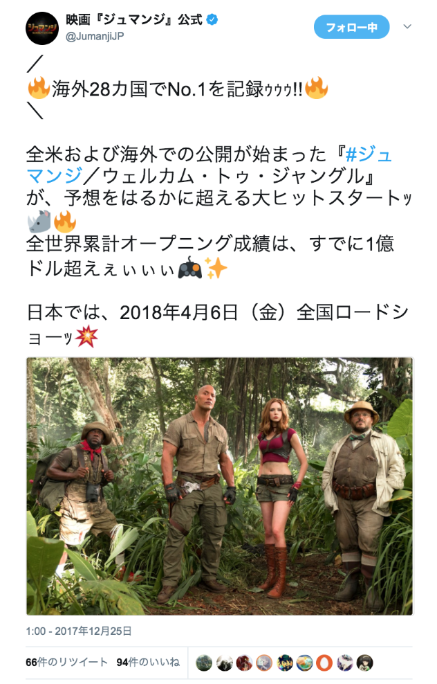 映画『ジュマンジ』公式さんのツイート: “／ 🔥海外28カ国でNo.1を記録ｩｩｩ!!🔥 ＼ 全米および海外での公開が始まった『#ジュマンジ／ウェルカム・トゥ・ジャングル』が、予想をはるかに超える大ヒットスタートｯ🦏🔥 全世界累計オープニング成績は、すでに1億ドル超えぇぃぃぃ🎮✨ 日本では、2018年4月6日（金）全国ロードショーｯ💥… https://t.co/k67kGqv0gS”