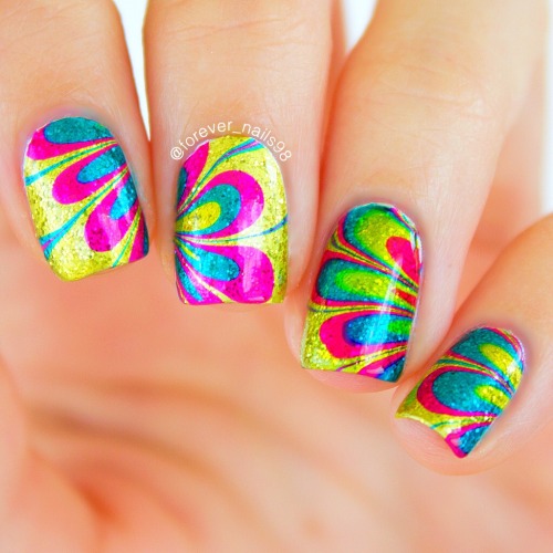 Rainbow Glitter Water Marble Nails