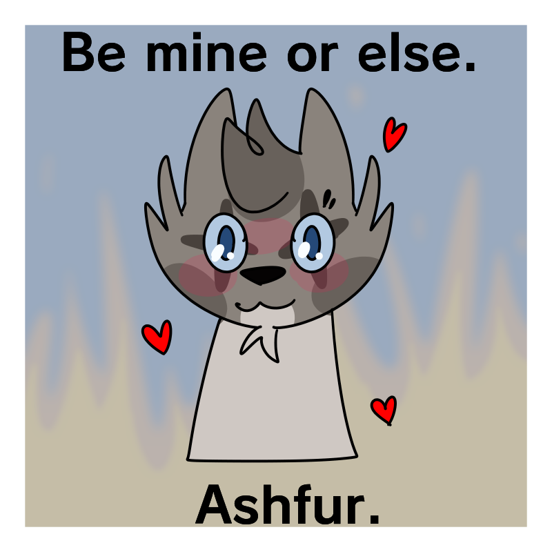 [Image Description: A digital drawing of Ashfur of ThunderClan on a Valentine’s Day card. Ashfur is a gray spotted cat with 