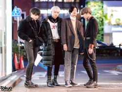 tokyo-fashion:  Tokyo teens Motonari, Nariyuki, Yuki, and Koaga on the street in Harajuku wearing fashion by OY, YSL, Balenciaga, Gucci, Who.A.U, Endevice, FILA, Dior, Guess, Chanel, Chrome Hearts, Dr. Martens, and Converse. Full Looks