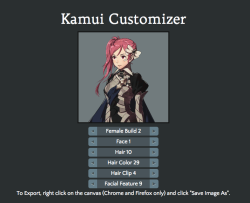 himynameismaurice: Kamui Customizer.  A very nice guy on SerenesForest, named Thor Odison made a ‘Kamui Customizer’ web application for Chrome and FireFox (works in other browsers well, but may not be as responsible). This way, you can customise